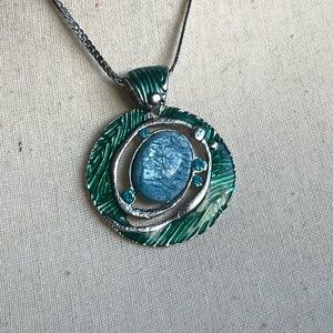 Gaudi Vintage Circle Pendant Necklace Blue, Green, and Silver Toned